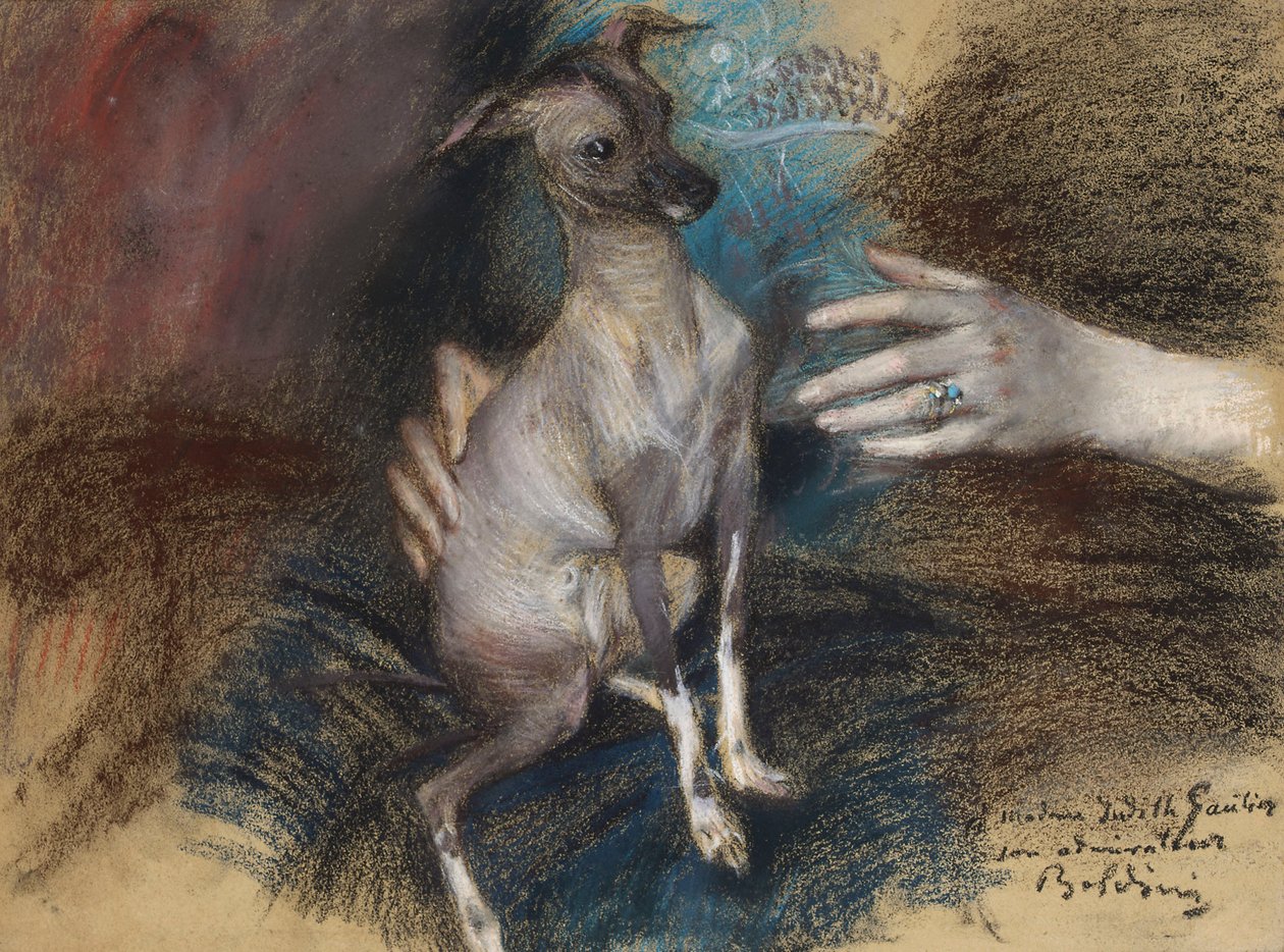 Köpekli Elegant Lady (kağıt üzerinde pastel ve karakalem) by Giovanni Boldini