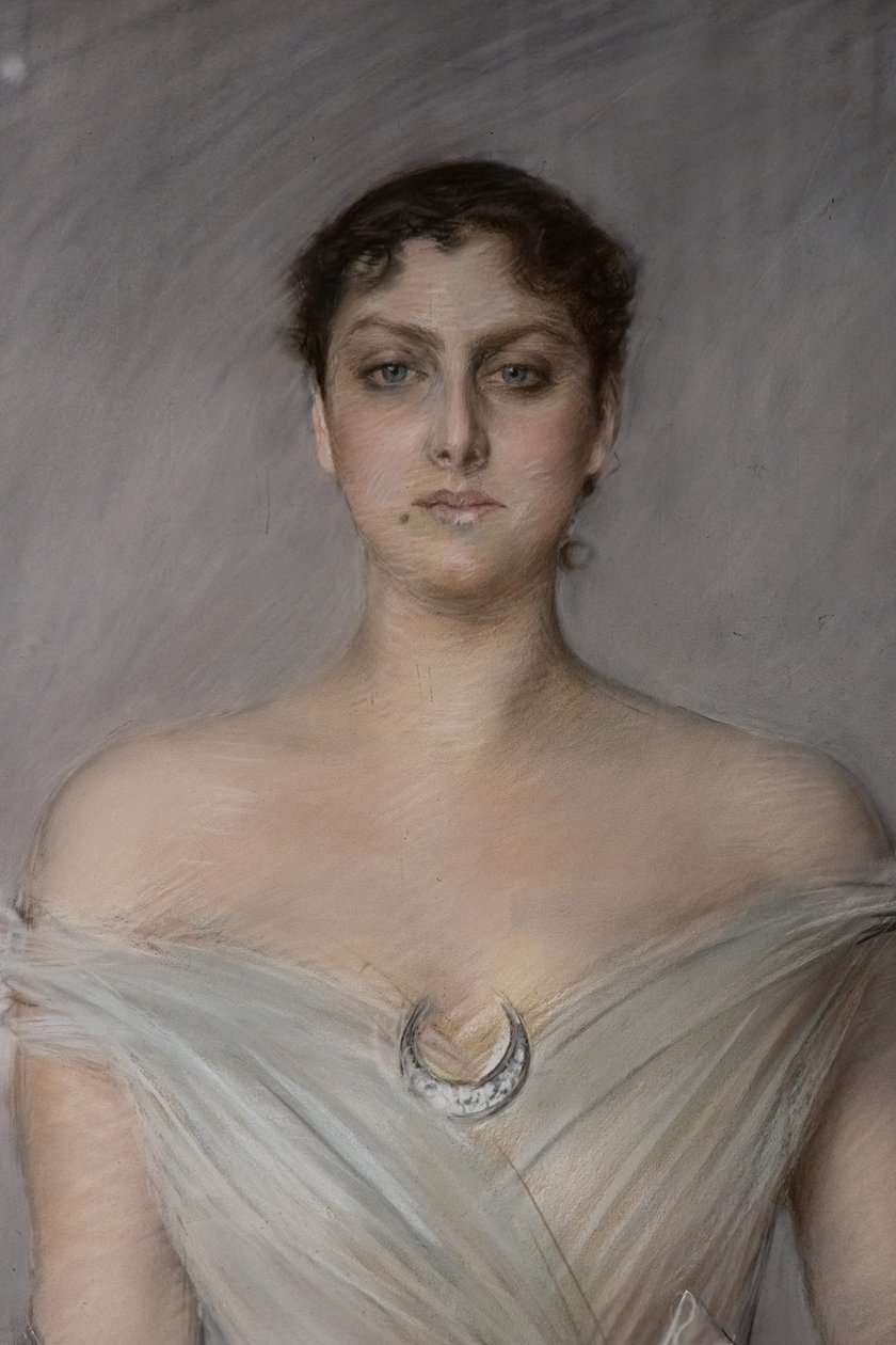Eldivenli ve fanlı beyazlı bir bayanın portresi, detay by Giovanni Boldini
