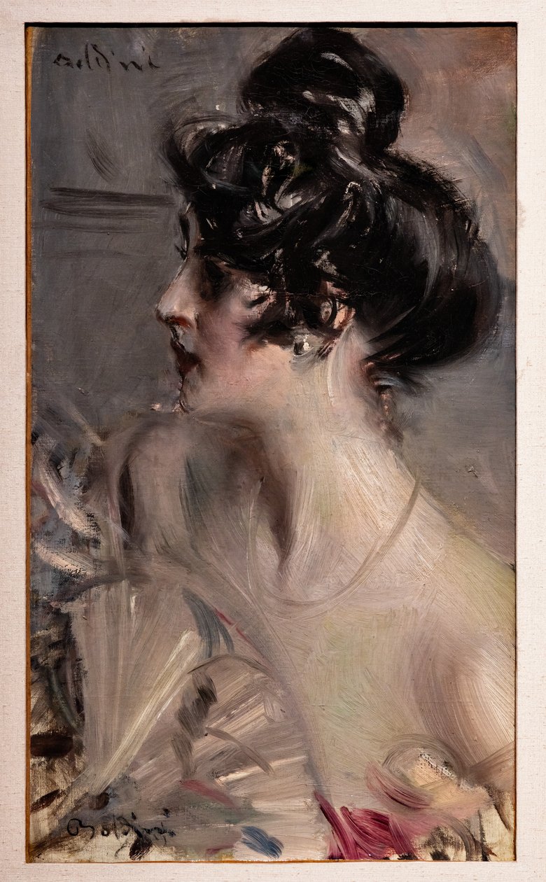 Saçları topuzlu genç bir esmerin profili by Giovanni Boldini