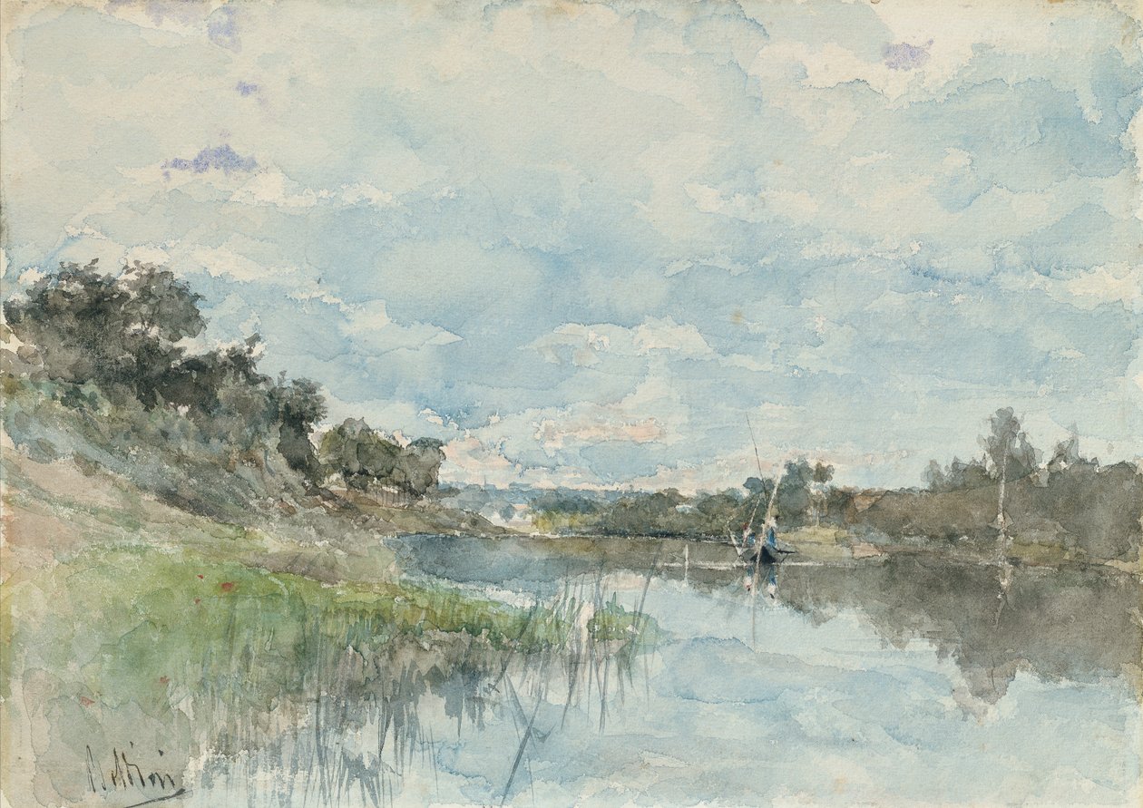 Balıkçı Teknesi ile Nehir Manzarası (suluboya) by Giovanni Boldini