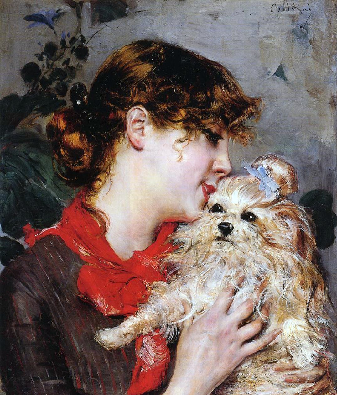 Aktris Rejane ve köpeği, c.1885 (panelde yağlı boya) by Giovanni Boldini
