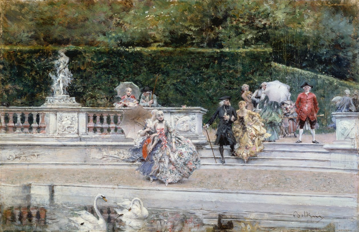 Giovanni Boldini (1842-1931) tarafından on sekizinci yüzyıl kıyafetleri giymiş insanlarla Versay bahçesinin görünümü, panel üzerine yağlı boya by Giovanni Boldini