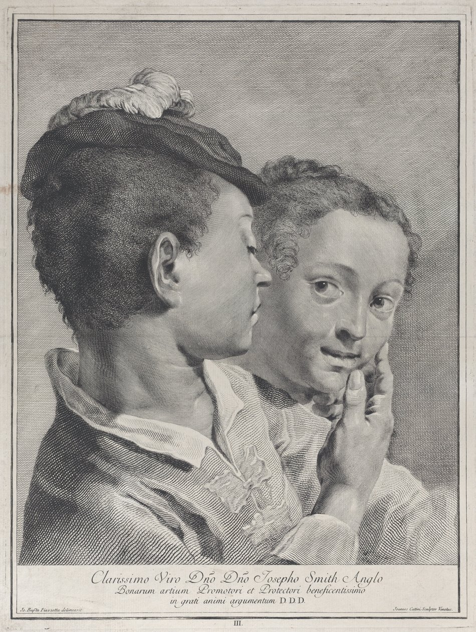 Bir kızın yüzüne dokunan şapkalı çocuk, 1743. by Giovanni Cattini