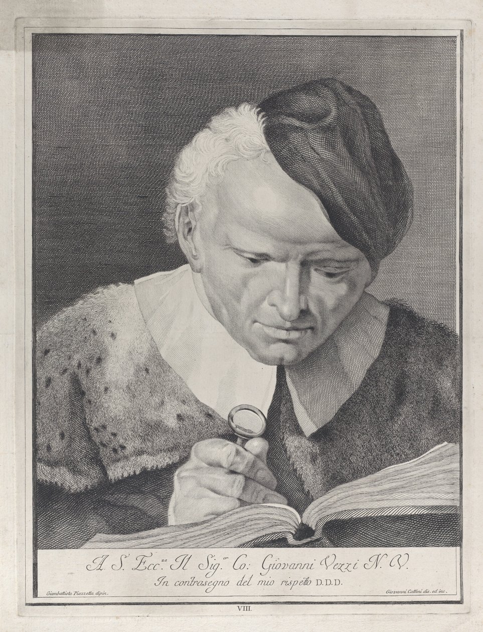 Şapkalı adam büyüteçle kitap okuyor, 1743. by Giovanni Cattini
