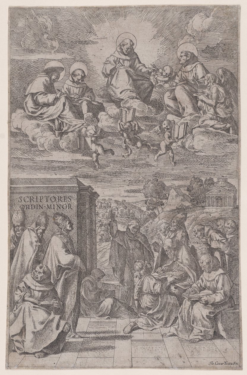 Din adamları bir manzara yazısında, diğerleri yukarıdaki göksel alemde, c1650. by Giovanni Cesare Testa