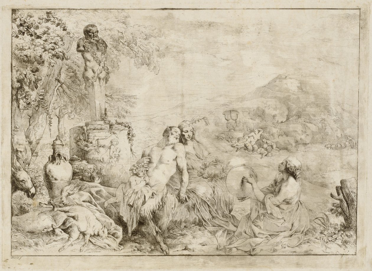 Bir Satyr Ailesi ve Klasik Heykel ile Peyzaj by Giovanni David after Giovanni Benedetto Castiglione