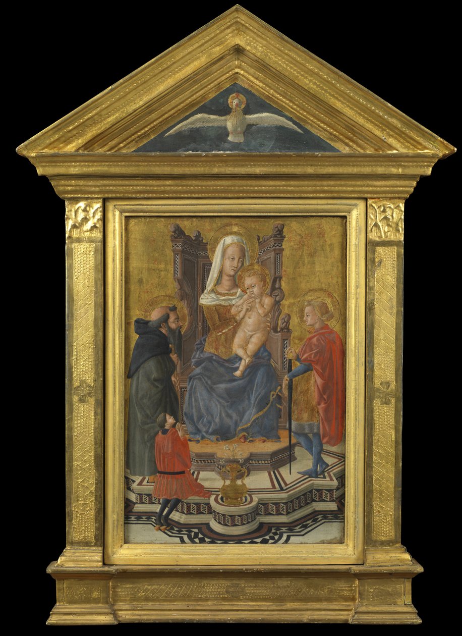 Bakire ve Çocuk Enthroned, Aziz Anthony Abbot ve Julian ve Donör ile (yukarıdaki alınlık - Kutsal Ruh), c.1430 (panelde sıcaklık) by Giovanni Di Ser Giovanni Lo Sheggia (attr. to) Guidi