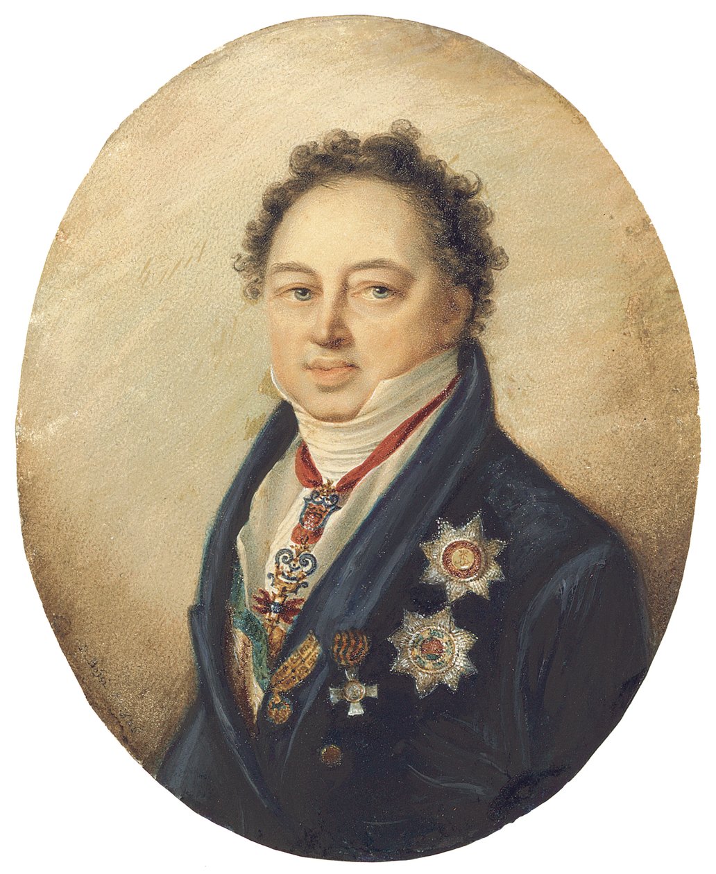 Kont Dmitry Pavlovich Tatishchev, yüzü sola dönük, mavi ceketli, beyaz yelekli ve eşofmanlı by Giovanni Domenico Bossi