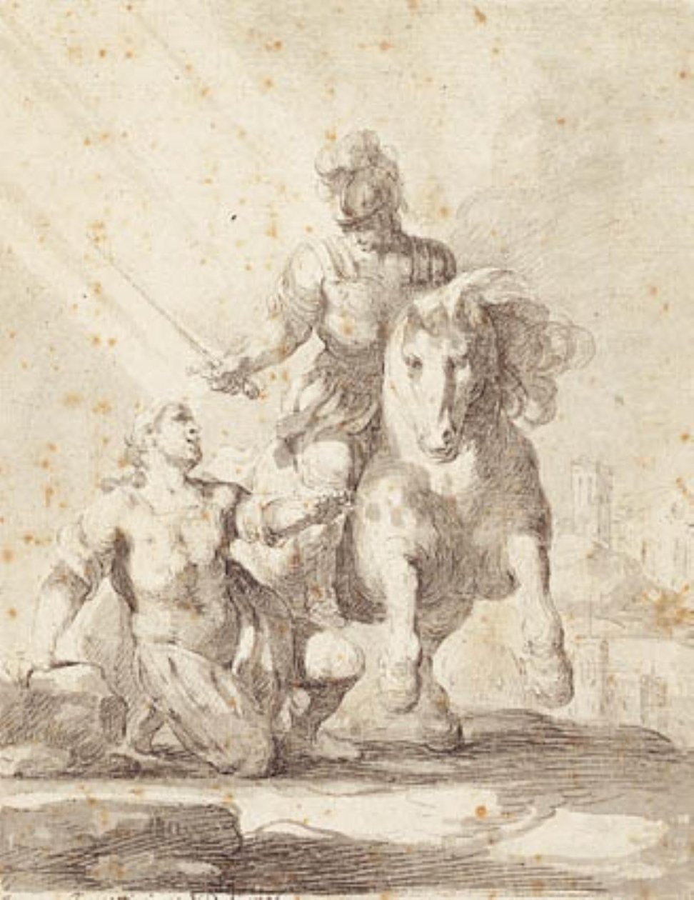 Antika giysili bir asker diz çökmüş bir askerin üzerinde paçavra sallıyor. by Giovanni Domenico Ferretti