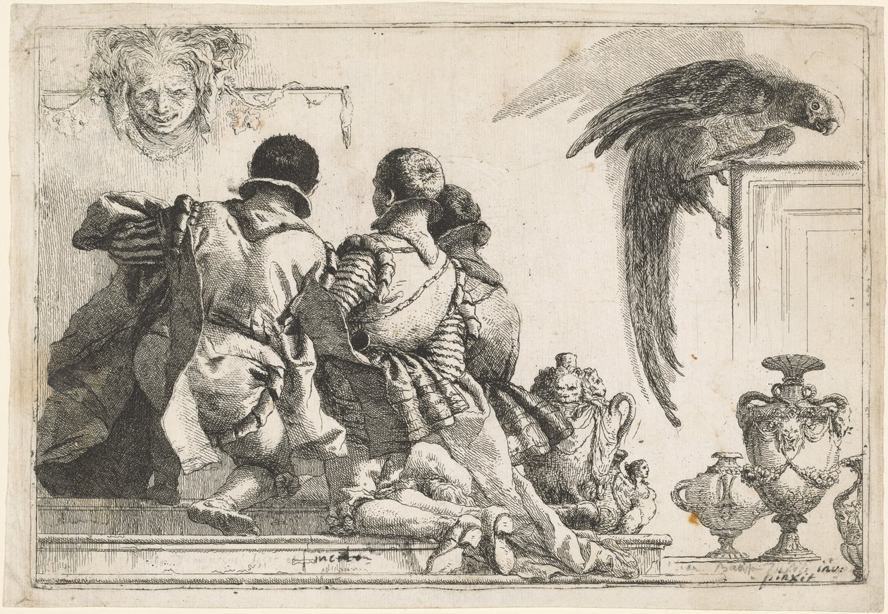 Diz çökmüş sayfalar, bir maske ve bir papağan by Giovanni Domenico Tiepolo