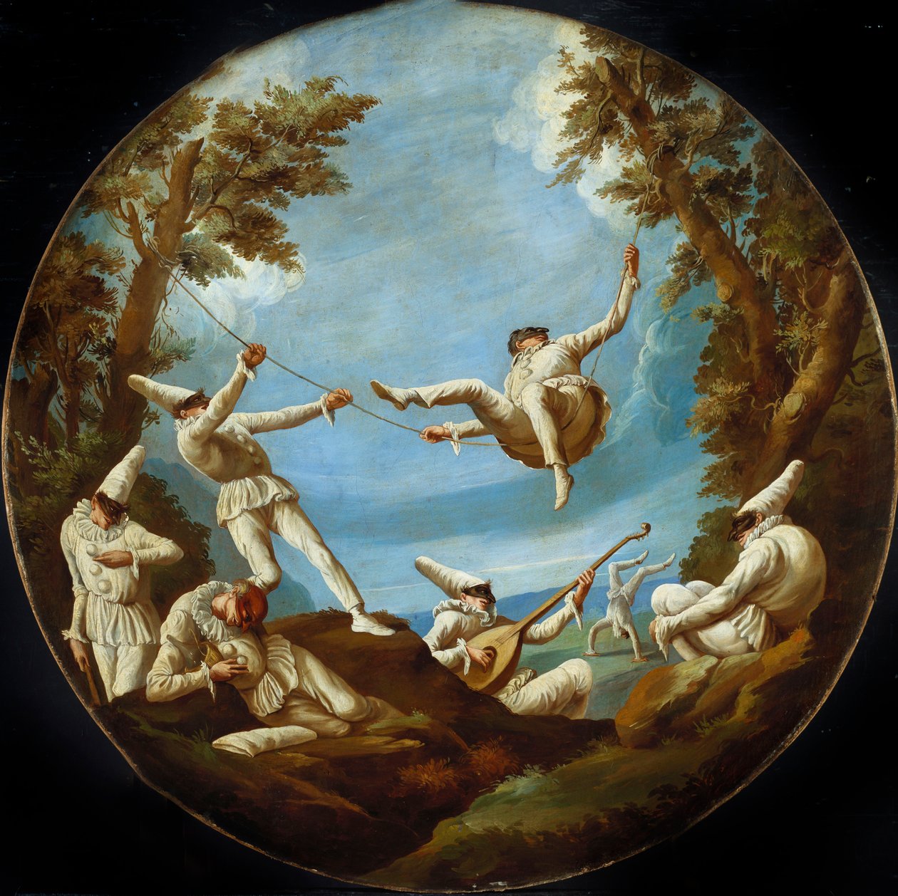 Salıncakta Punchinellos, Müzik Yapmak ve Manzarada Akrobasi Yapmak by Giovanni Domenico Tiepolo