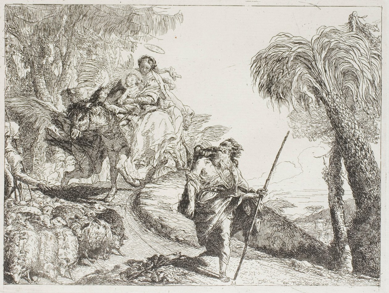 Orman Yolundan İnen Kutsal Aile, Bir Sürü ve Bazı Çobanların Yanında, Mısır'a Uçuştan 21. plaka by Giovanni Domenico Tiepolo