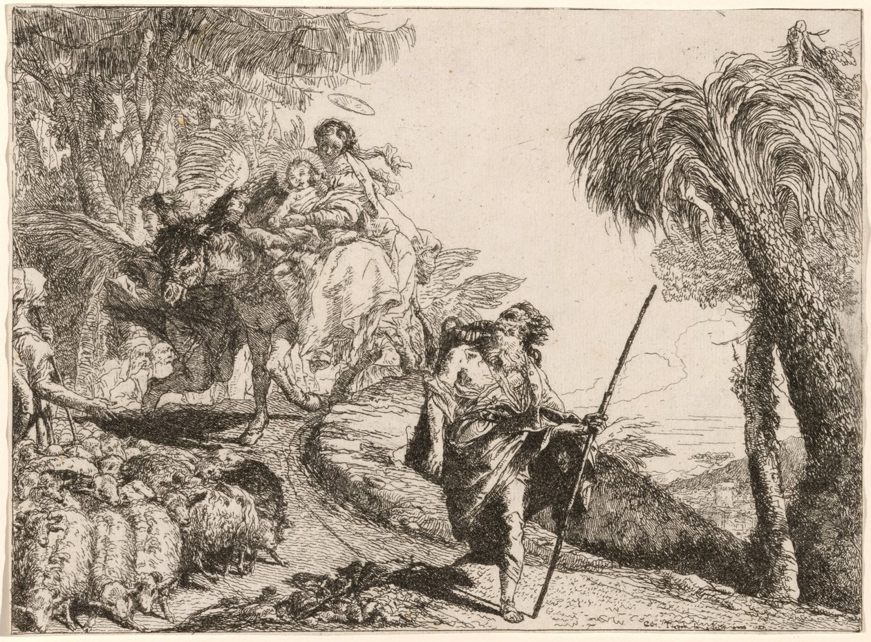 Çobanların Yakınında Bir Yoldan İnen Kutsal Aile by Giovanni Domenico Tiepolo