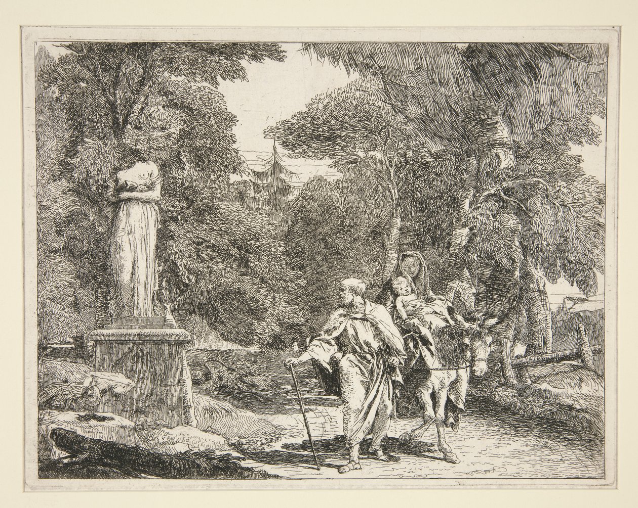Bir Heykelin Yanından Geçen Kutsal Aile, Egitto'daki Idee pittoresche sopra la fuga dizisinden (Mısır'a Uçuş) by Giovanni Domenico Tiepolo