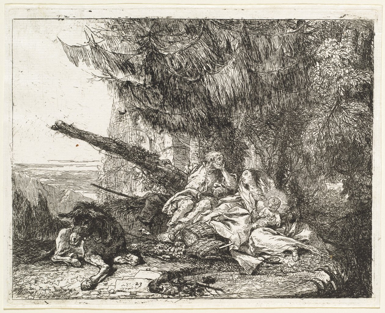 Bir Ağacın Altında Kutsal Ailesiyle Uçuşta Kalanlar by Giovanni Domenico Tiepolo