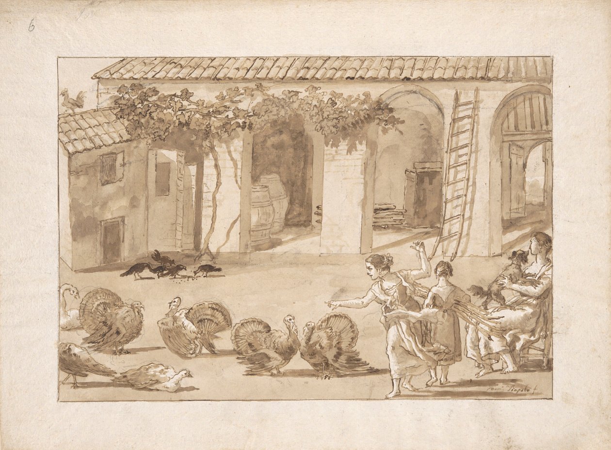 Venedik Çiftliğindeki Hindiler, Tiepolo'daki üçüncü çizim by Giovanni Domenico Tiepolo