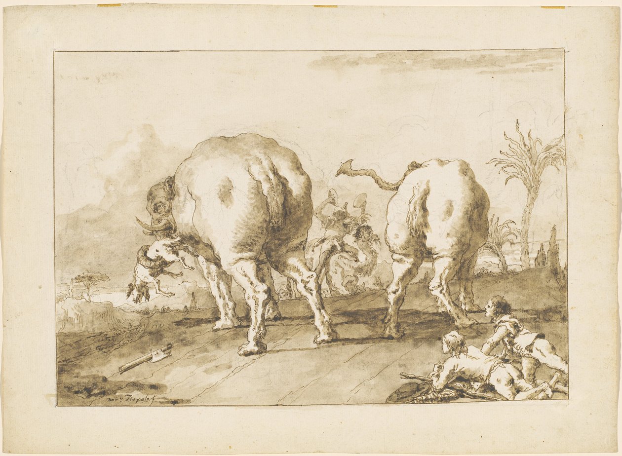İki Azgın Fil by Giovanni Domenico Tiepolo