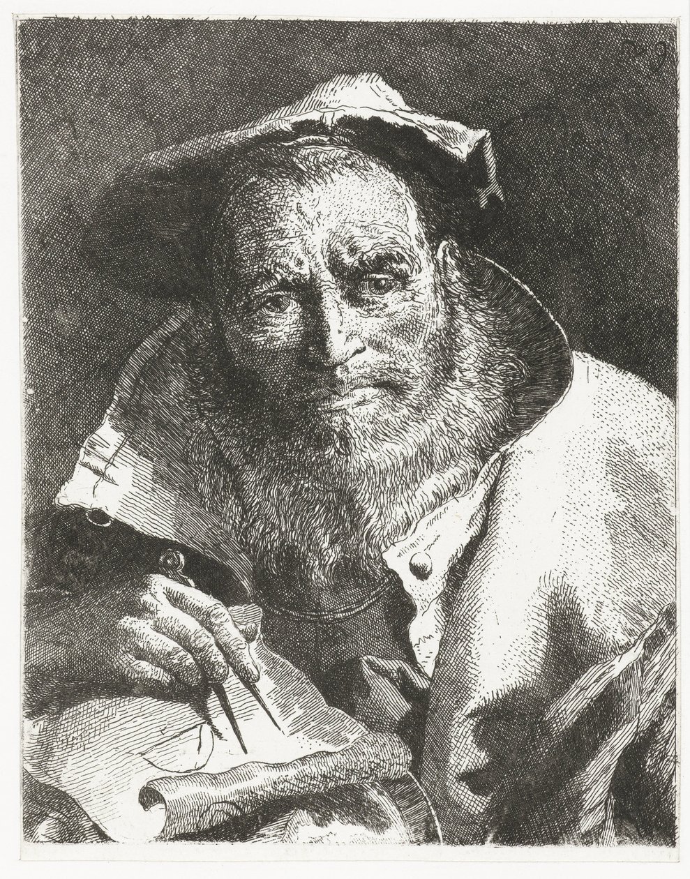Başında bere ve elinde pusula olan bilim adamı Kafaların toplanması (dizi başlığı) Raccolta di Teste (dizi adı) by Giovanni Domenico Tiepolo