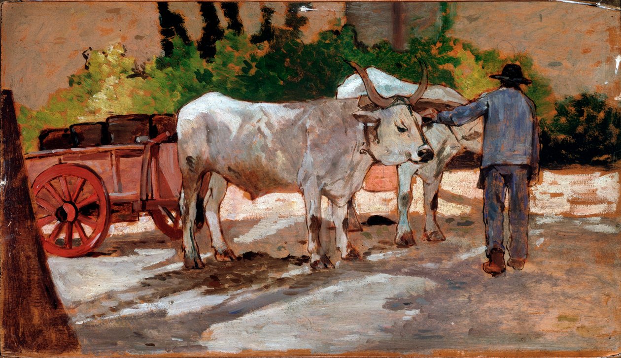 Boğa ve köylü arabası - Boyama by Giovanni Fattori