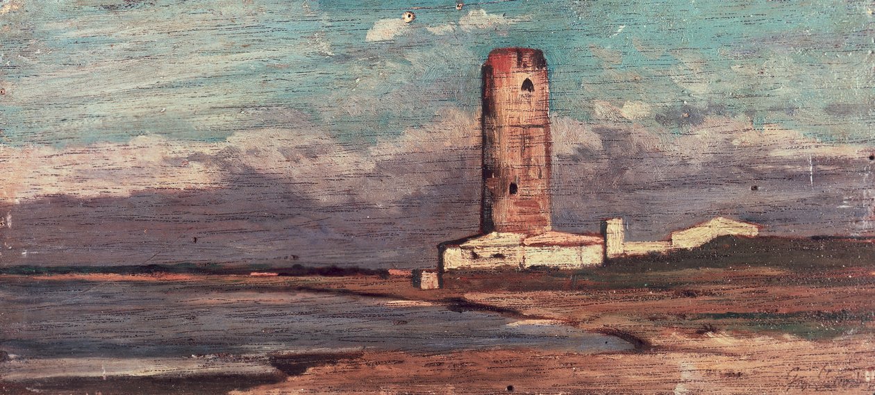Marzocco Kulesi veya Kızıl Kule, Giovanni Fattori (1825-1908), panel üzerine yağlı boya by Giovanni Fattori