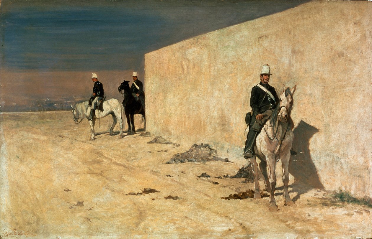 Gözcü (Beyaz duvar) Çölde beyaz bir duvarın önünde nöbet tutan atlılar. Giovanni Fattori