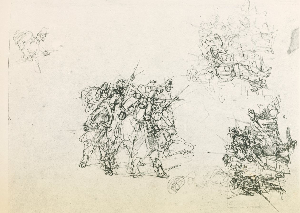 Asker grupları için üç eskiz (kara kalem) by Giovanni Fattori