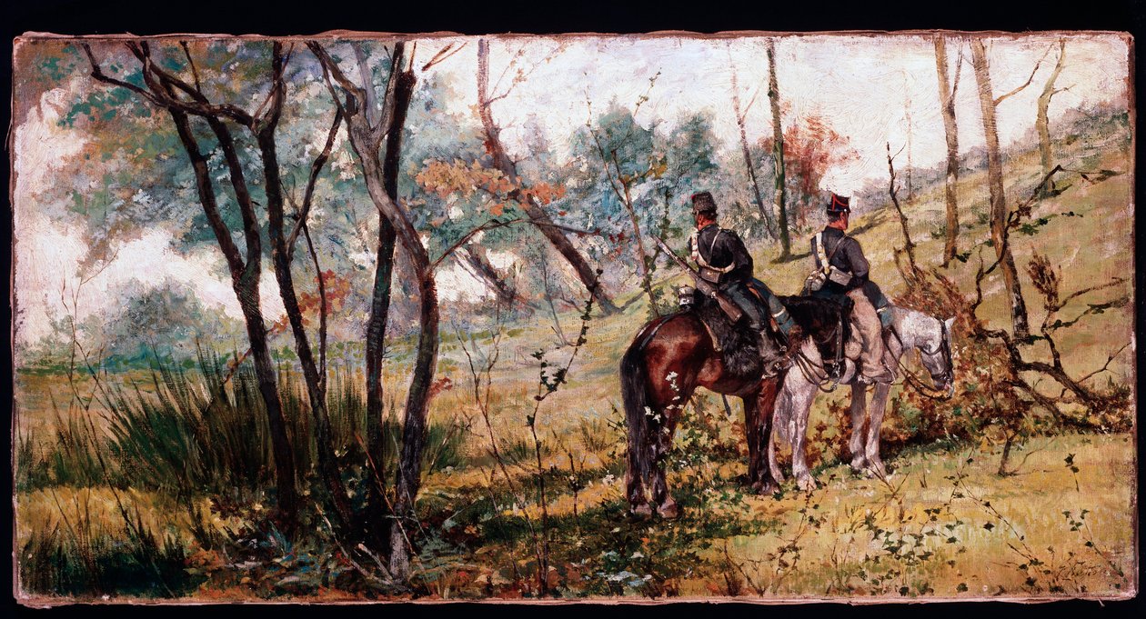 Ağaçların altında binen iki asker (İki atlı kız) - Resim by Giovanni Fattori