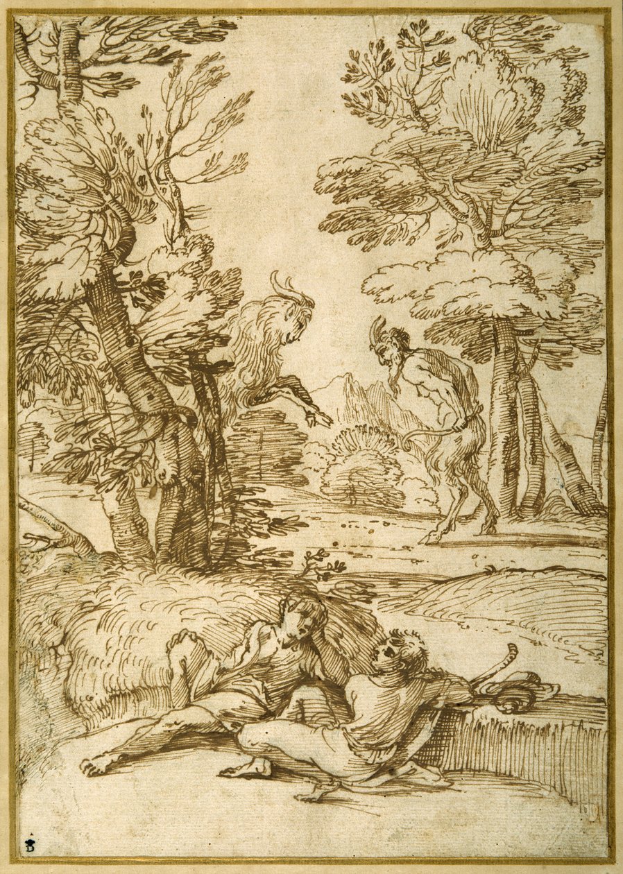 Bir satir ve bir keçi dansı yaparken dinlenen iki çoban delikanlının olduğu bir manzara (kağıt üzerinde kalem ve mürekkep) by Giovanni Francesco Grimaldi