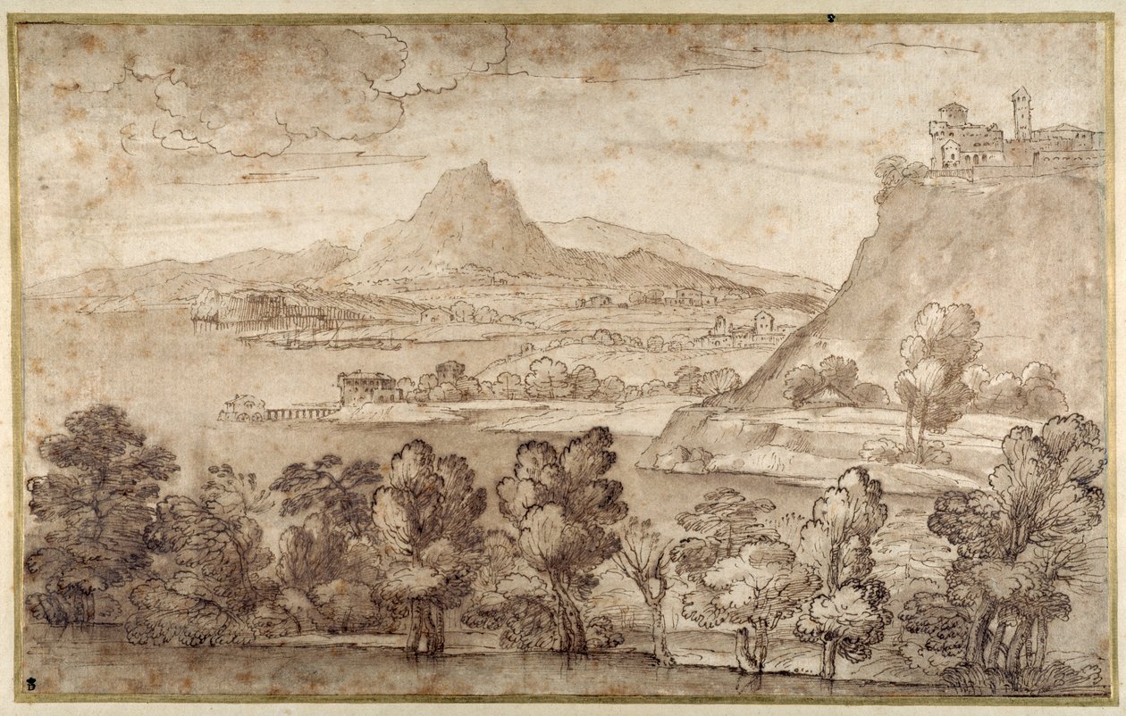 Bir tepe kasabası ve daha uzaktaki bir dağ ile manzara (beyaz kağıt üzerinde kahverengi astarlı kalem ve kahverengi mürekkep) by Giovanni Francesco Grimaldi