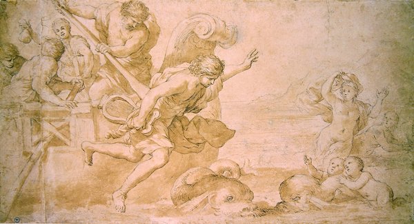Arion ve Yunuslar (kalem ve kahverengi mürekkep ve kağıt üzerinde yıkama) by Giovanni Francesco Romanelli