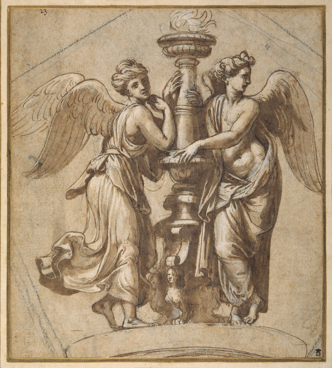 Şamdan kucaklayan zaferler (kalem ve kağıt üzerinde siyah tebeşir ile kahverengi mürekkep) by Giovanni Francesco (c.1488 1528) Penni