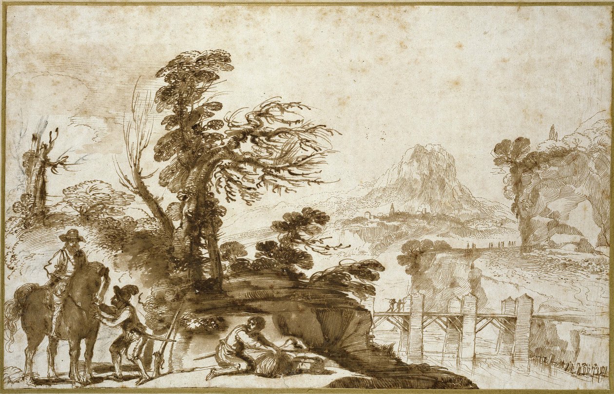 Bir Süvari ve Köprü ile manzara (beyaz kağıda biraz siyah tebeşirle kahverengi mürekkeple kalem ve yıkama) by Giovanni Francesco Barbieri