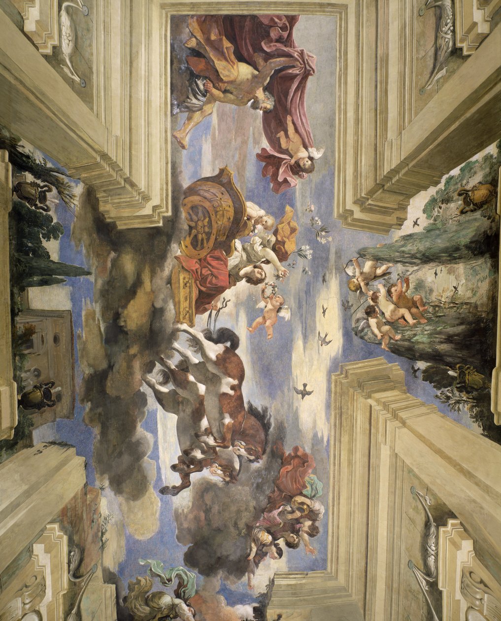 Şafağın Sala di Aurora Salonu, Şafak arabasını tasvir eden tavanın detayı, panelde 1621 mizaç by Giovanni Francesco Barbieri
