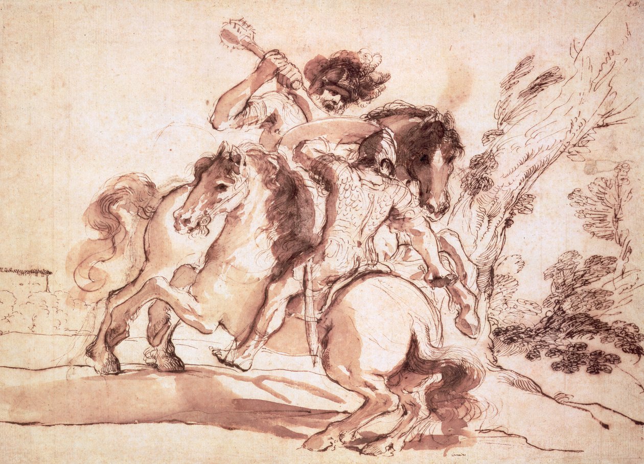 Dövüşen İki Atlı (kalem ve mürekkep ve kağıt üzerinde yıkama) by Giovanni Francesco Barbieri