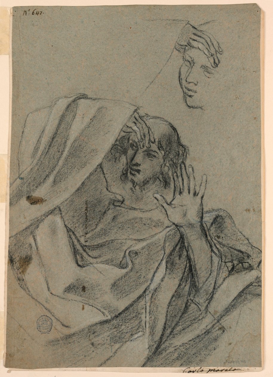 Kadın Yüzü ve Erkeği Yatarak, Sağ El Önkol ile Çizim Çalışmaları by Giovanni Francesco Barbieri