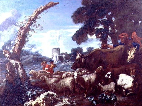 Sığır ve koyun ile çiftlik işçileri by Giovanni Francesco Castiglione
