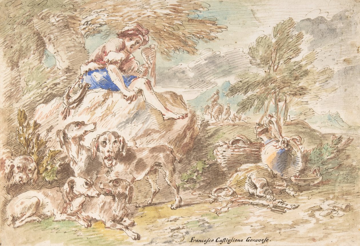 Bir Manzarada Köpekleriyle Genç Avcı, 1641-1710. by Giovanni Francesco Castiglione