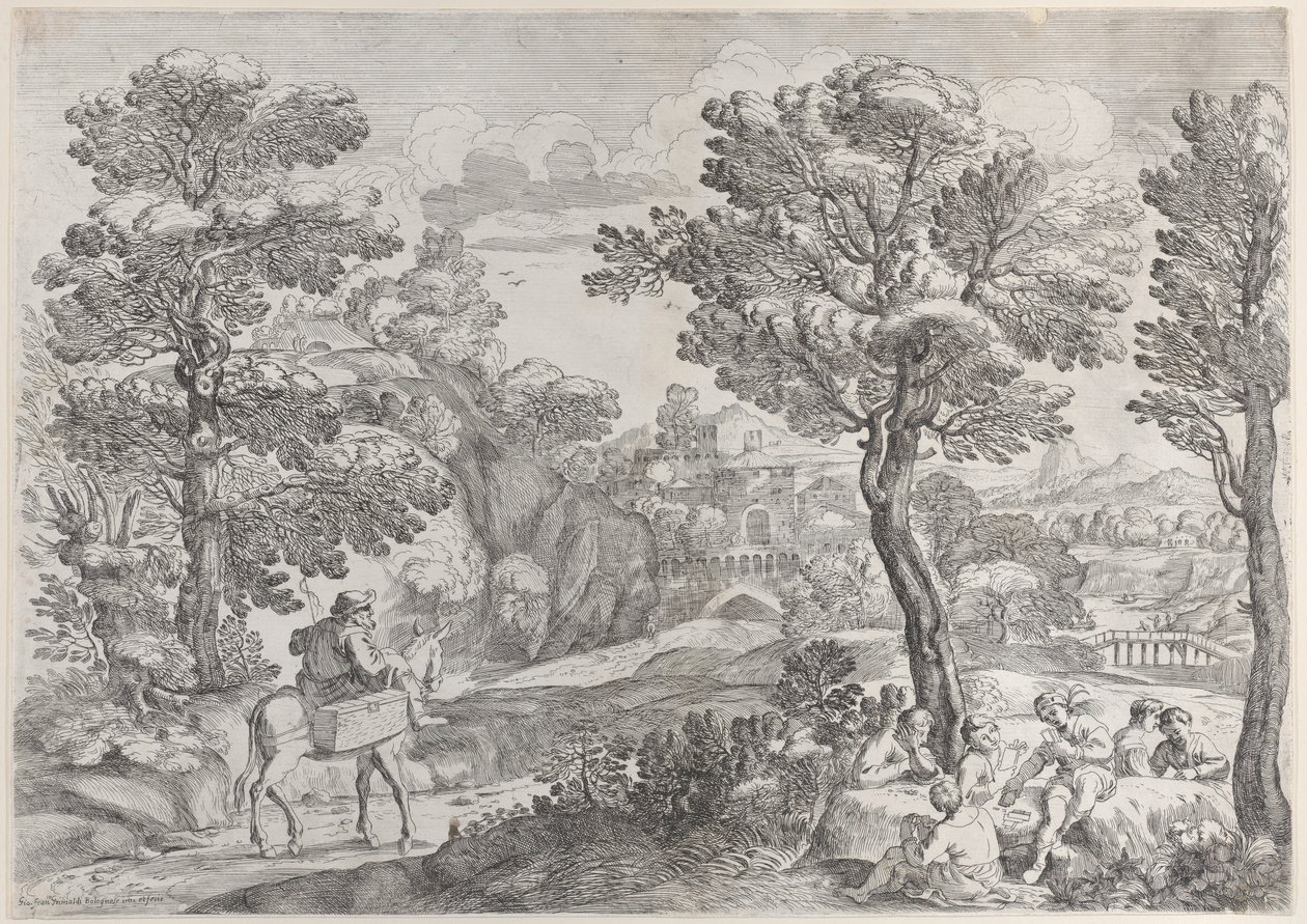 Sağda kağıt oynayan bir grup insan ve solda atlı bir adam, 1626-80. by Giovanni Francesco Grimaldi