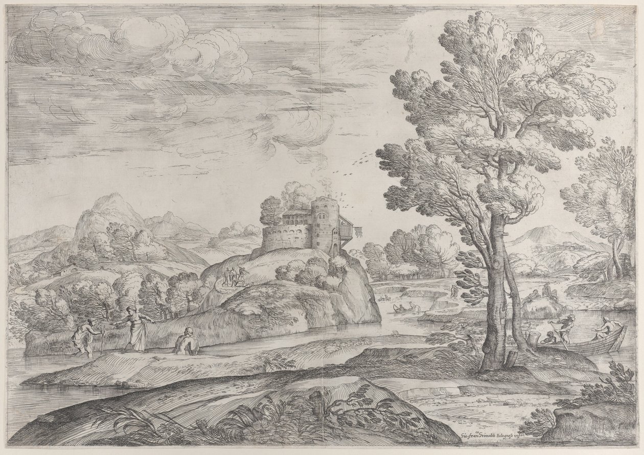 Merkezde yuvarlak bir kayanın üzerinde bir ev, nehirde ve kanodaki insanlar, 1626-80. by Giovanni Francesco Grimaldi