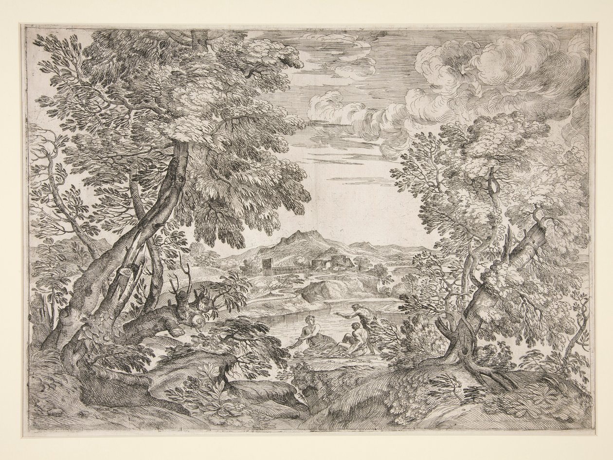 Nehir Kenarında Üç Adamla Manzara by Giovanni Francesco Grimaldi