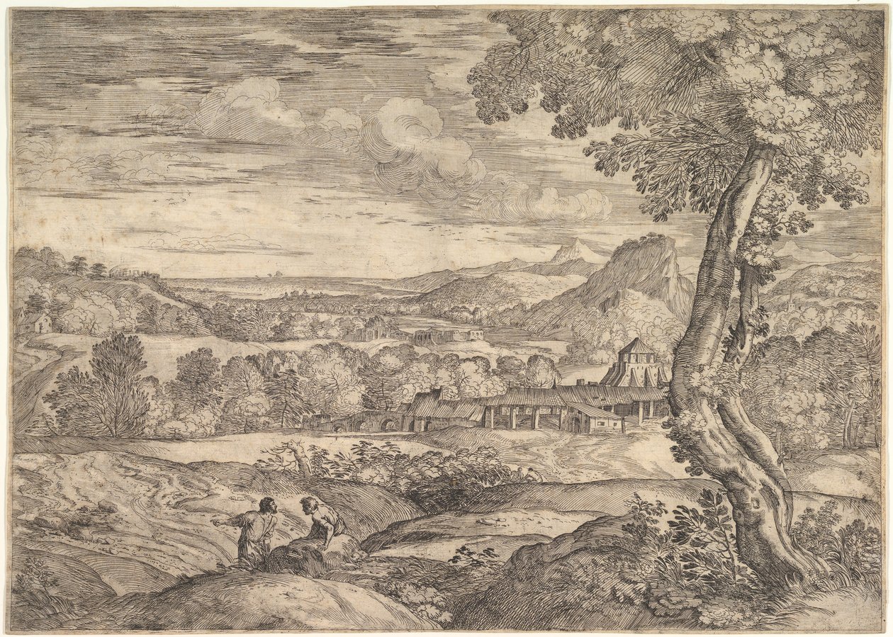 Orta zeminde bir tuğla fabrikası ile manzara, ön planda duran bir adam s..., 1626-80. by Giovanni Francesco Grimaldi