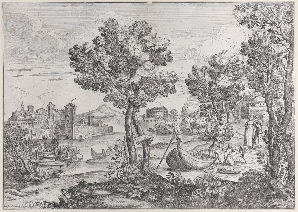Dehşete kapılmış bir çocuğa yılan tutan bir adamla manzara, modaya uygun bir dre tarafından izleniyor..., 1626-80. by Giovanni Francesco Grimaldi