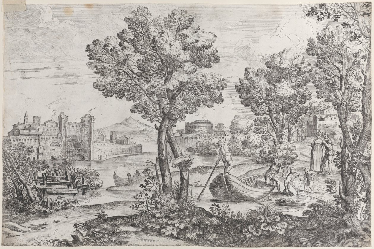 Dehşete kapılmış bir çocuğa yılan tutan bir adamla manzara, modaya uygun bir dre tarafından izleniyor..., 1626-80. by Giovanni Francesco Grimaldi
