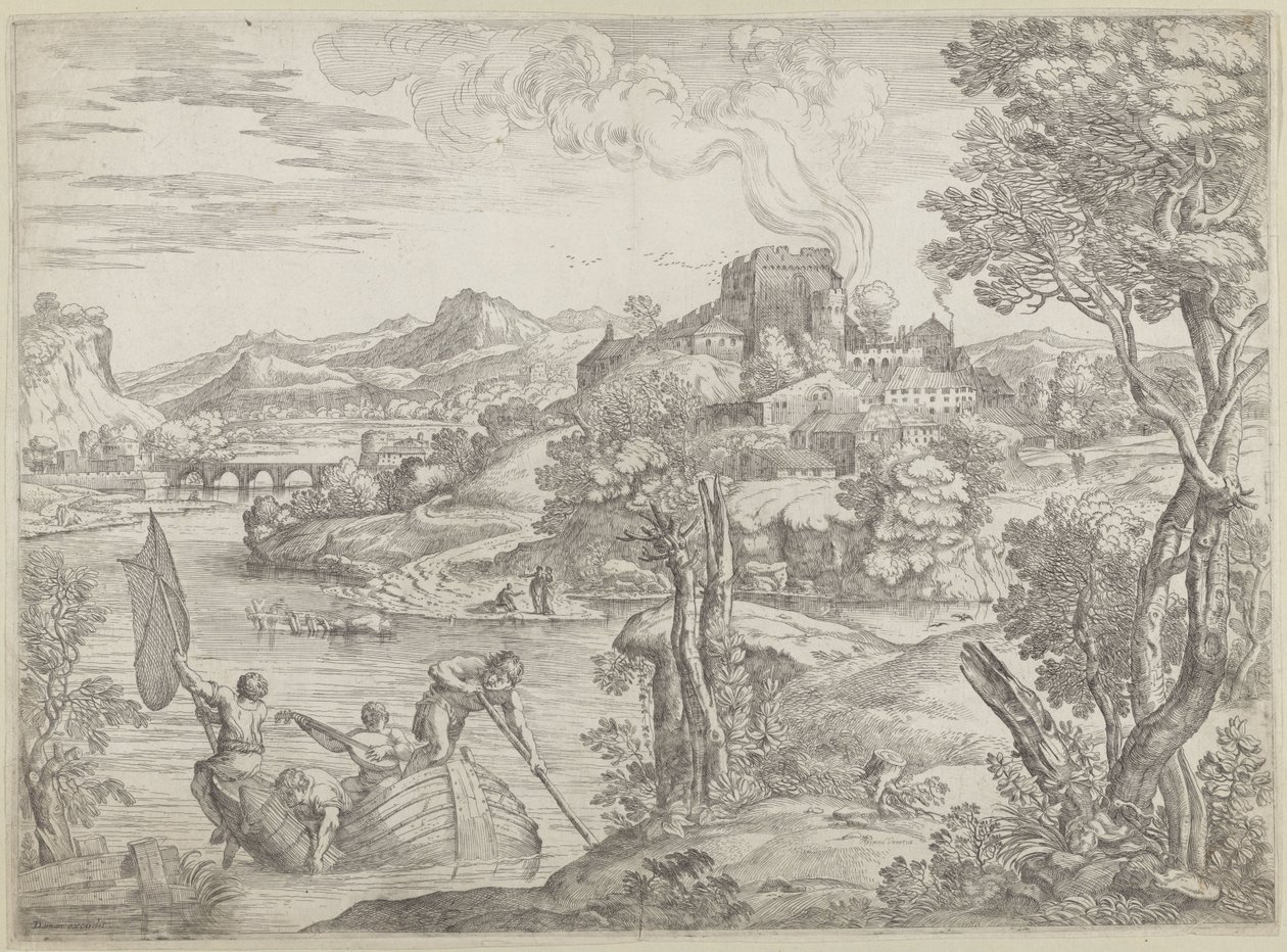 Ud çalar ile manzara by Giovanni Francesco Grimaldi