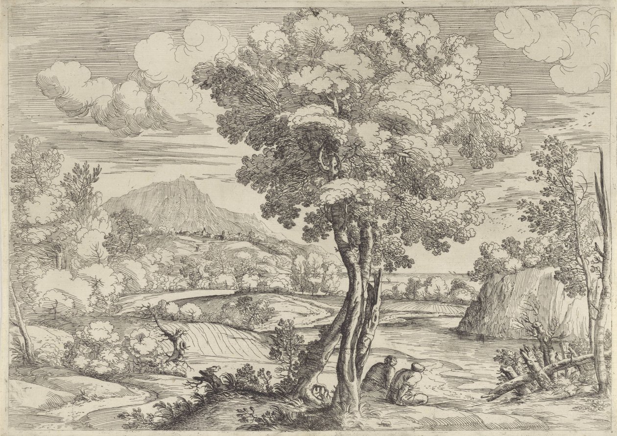 Ağaç kütüğü üzerinde kuş ile manzara by Giovanni Francesco Grimaldi