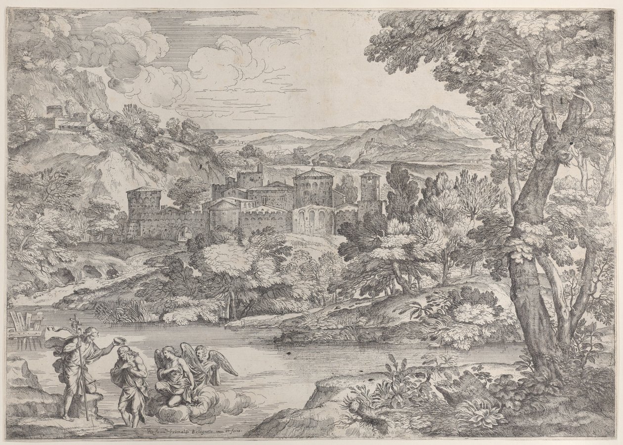 İsa'nın Vaftizi sol altta, bir manzara içinde, 1626-80., 1626-80. by Giovanni Francesco Grimaldi