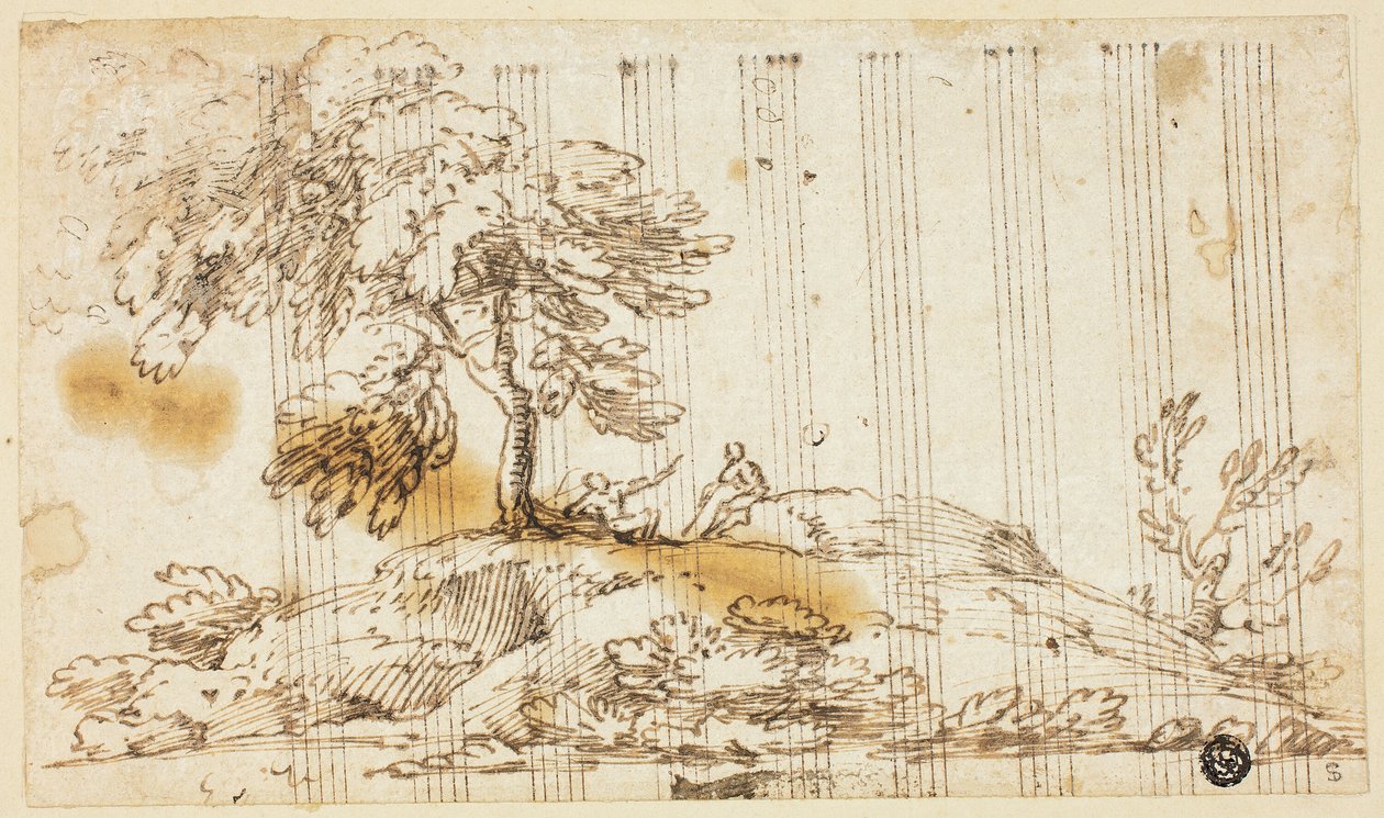 Hillside'da Ağacın Altında Oturan İki Adam by Giovanni Francesco Grimaldi