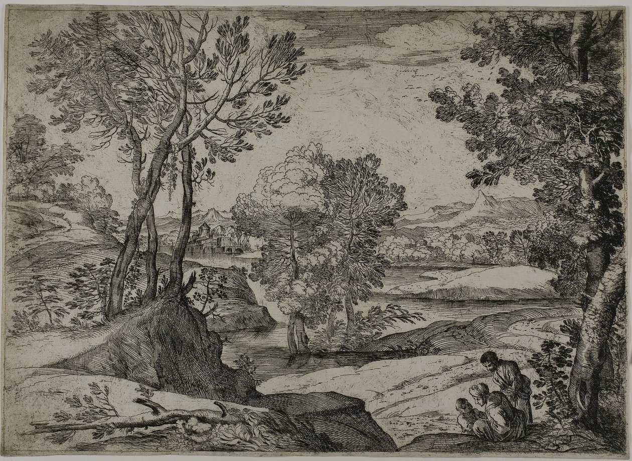 Kadın, Çocuğu ve Peyzajda Duran Bir Adam by Giovanni Francesco Grimaldi