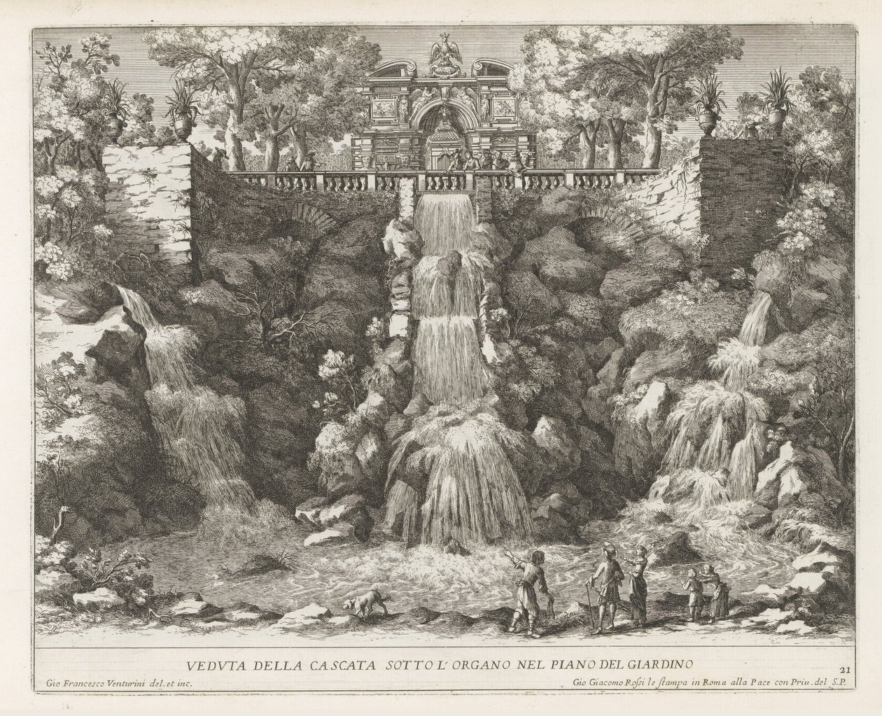 Villa d'Este te Tivoli'de şelale Bahçe planında organın altındaki şelalenin görünümü (nesne üzerindeki başlık) Tivoli'deki Estense bahçesinin çeşmeleri (seri başlığı) Fonteinen in de tuinen van Villa d'Este te Tivoli (dizi adı) by Giovanni Francesco Venturini