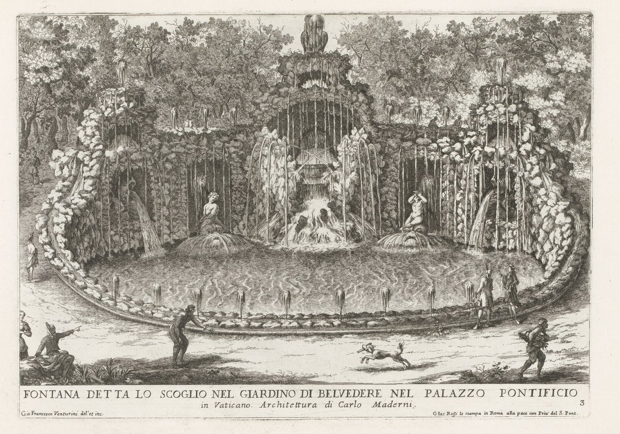Fontana dell'Aquilone in de Vaticaanse tuinen Papalık Sarayı'ndaki Belvedere bahçesindeki kaya olarak bilinen Çeşme (...) (nesne üzerindeki başlık) Roma saray ve bahçelerindeki çeşmeler (dizi başlığı) Fonteinen in de paleizen en tuinen van Roma (di by Giovanni Francesco Venturini